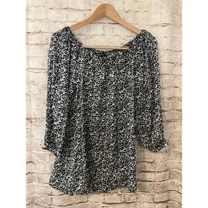 Style & Co. Silk Top Womens 12 Black Floral Long Sleeve Off The Shoulder Peasant